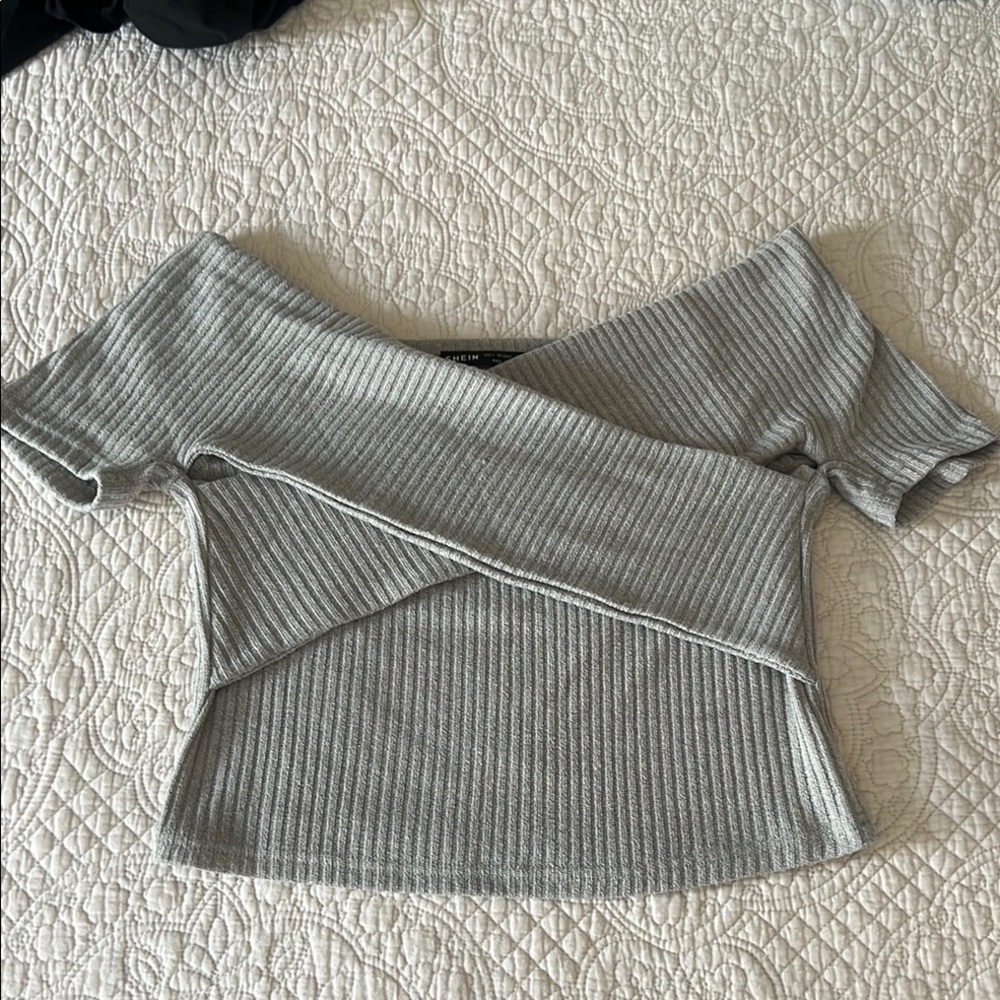 Gray Off-Shoulder Ribbed Top